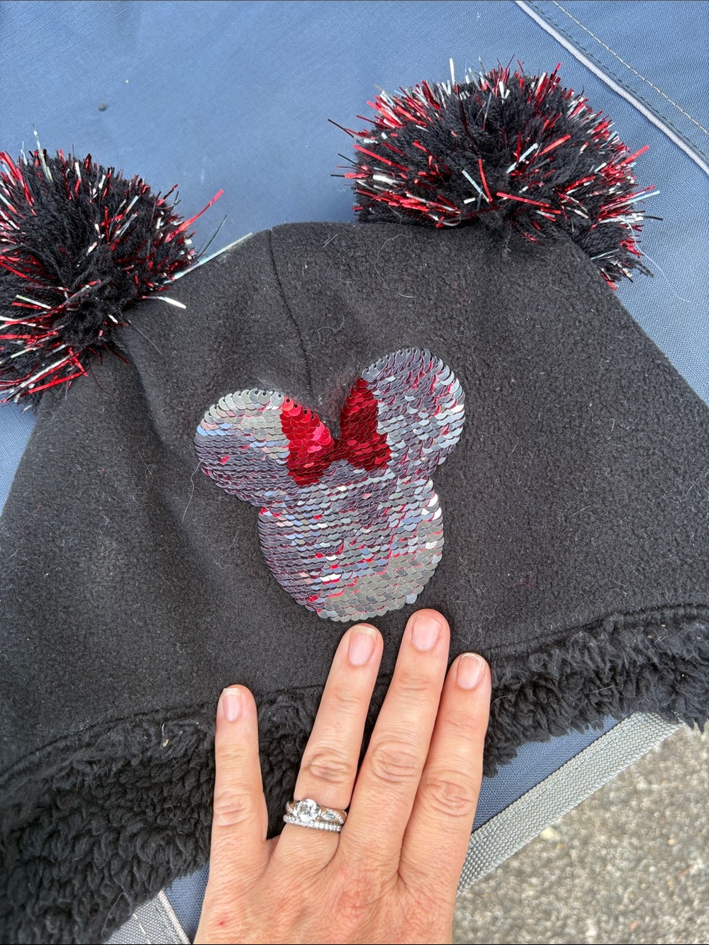 Kids Black Pom Pom Beanie with Reversible Sequin Mouse Patch